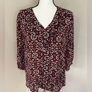 Liz Claiborne V Neck 3/4 Sleeve Floral Print Blouse